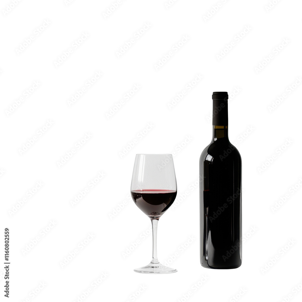Elegant Display of Red Wine in a Stylish Glass Accompanied by a Classic Bottle on a Black Background, Ideal for Culinary and Beverage Marketing Visuals Elegant Display of Red Wine in a Stylish Glass Accompanied by a Classic Bottle on a Black Background, Ideal for Culinary and Beverage Marketing Visuals