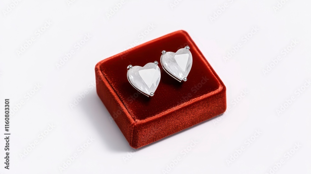 Elegant heart-shaped earrings displayed in a luxurious red velvet box, perfect for gifting or personal adornment. Elegant heart-shaped earrings displayed in a luxurious red velvet box, perfect for gifting or personal adornment.