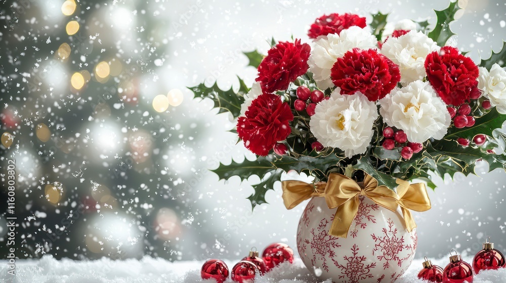 Festive Bouquet of Red and White Carnations with Holly and Ornaments on a Snowy Christmas Background with Blurred Lights for a Heartwarming Holiday Scene Festive Bouquet of Red and White Carnations with Holly and Ornaments on a Snowy Christmas Background with Blurred Lights for a Heartwarming Holiday Scene