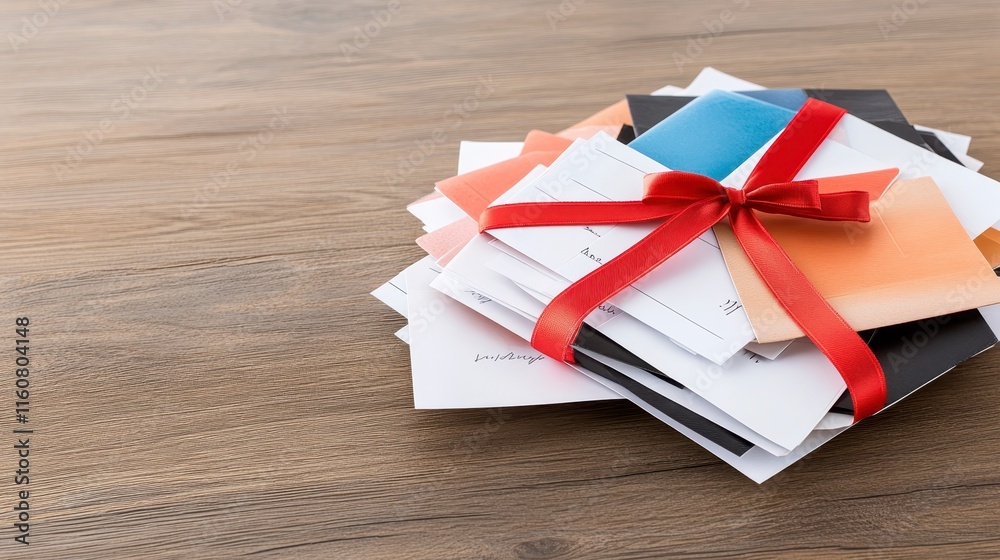 Fototapeta premium A stack of colorful envelopes tied with a red ribbon resting on a wooden surface.