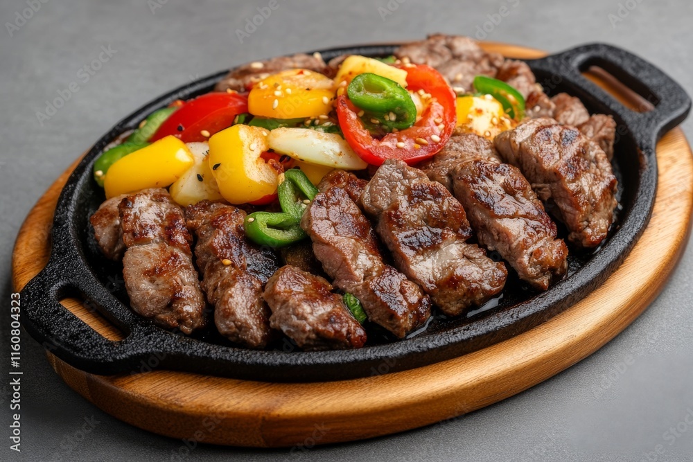 Juicy grilled beef skewers with vibrant vegetables on a sizzling platter, garnished with fresh herbs for an enticing barbecue inspired dining experience