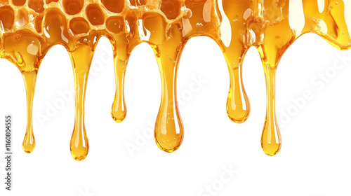 Close-Up of Golden Honey Dripping from Honeycomb, Highlighting the Natural Sweetness and Viscosity of Pure Honey Against a Dark Background