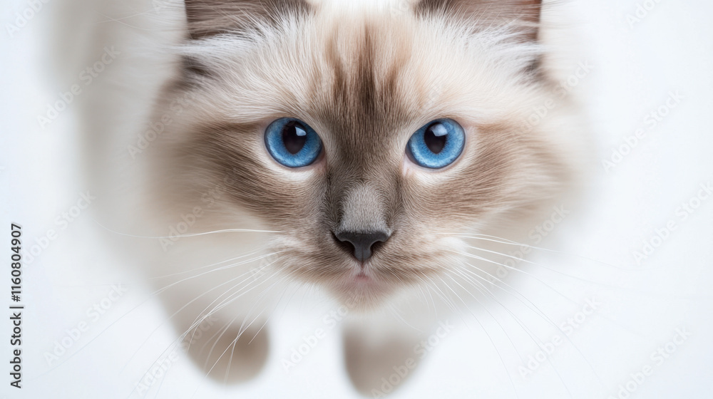 A close-up of a fluffy cat with striking blue eyes, looking directly at the camera against a light background. A close-up of a fluffy cat with striking blue eyes, looking directly at the camera against a light background.