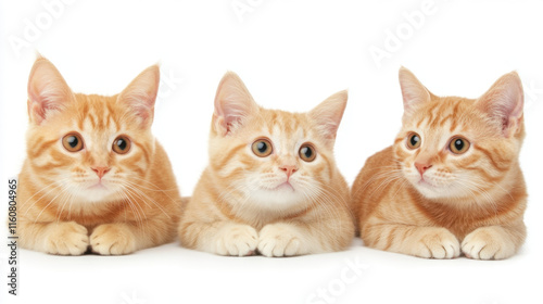 Three adorable orange cats lying side by side, displaying curious expressions against a white background.
