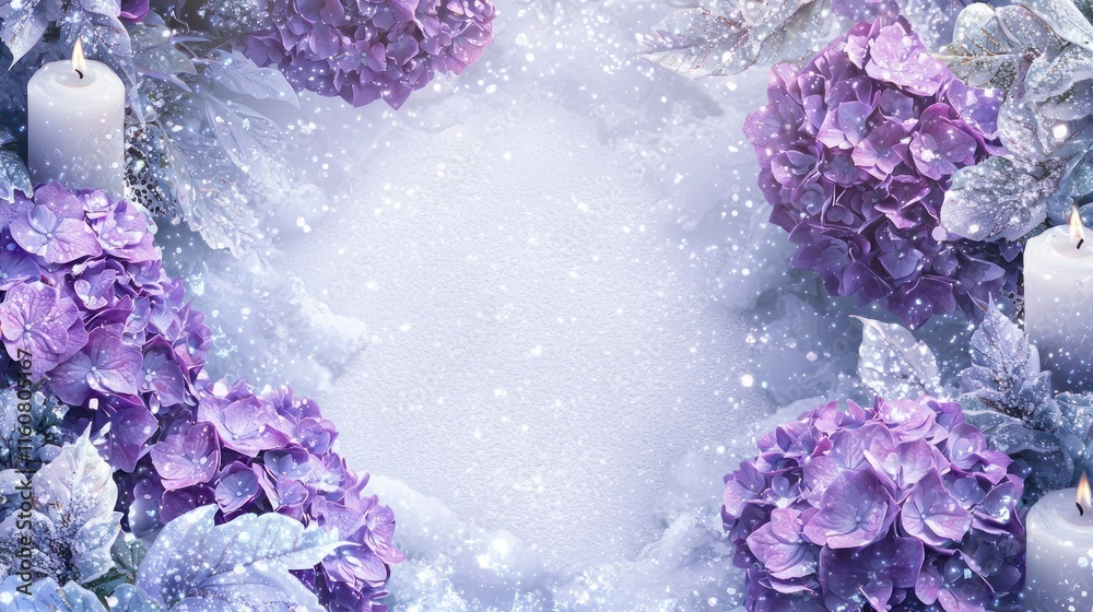 Ethereal Christmas Fantasy Artwork Featuring Hydrangeas, Snow, and Candles, Perfect for Holiday Greetings or Seasonal Decor with a Whimsical Touch Ethereal Christmas Fantasy Artwork Featuring Hydrangeas, Snow, and Candles, Perfect for Holiday Greetings or Seasonal Decor with a Whimsical Touch