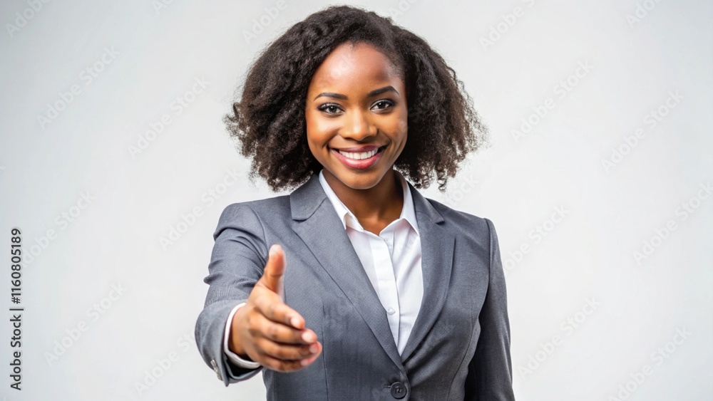 Happy young African American business woman, smiling professional businesswoman HR or bank manager wearing suit looking at camera extending hand for handshake isolated on white. Hiring concept. Happy young African American business woman, smiling professional businesswoman HR or bank manager wearing suit looking at camera extending hand for handshake isolated on white. Hiring concept.