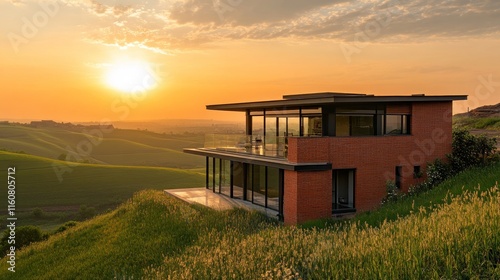 Modern brick house on a hillside at sunset.