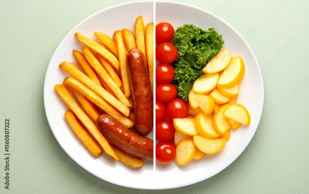 A wholesome meal of grilled sausages, french fries, cherry tomatoes, and fresh lettuce, presented on a white plate with soft natural lighting and rustic elegance A wholesome meal of grilled sausages, french fries, cherry tomatoes, and fresh lettuce, presented on a white plate with soft natural lighting and rustic elegance