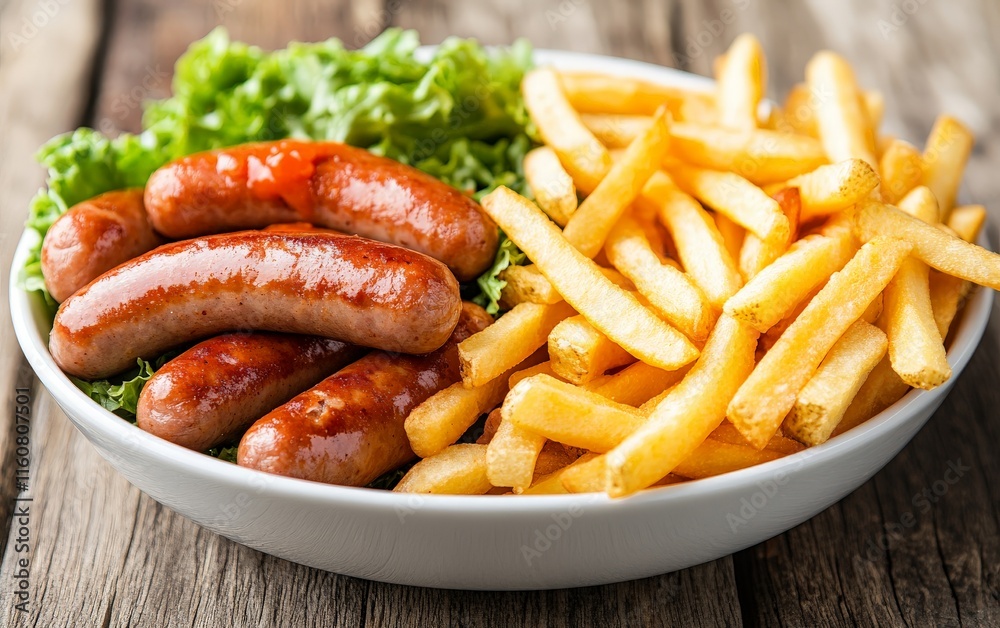 A rustic bowl filled with grilled sausages, crispy french fries, and fresh lettuce, styled on a wooden surface for a hearty and comforting meal concept A rustic bowl filled with grilled sausages, crispy french fries, and fresh lettuce, styled on a wooden surface for a hearty and comforting meal concept