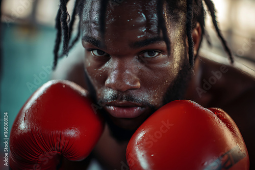 Close-up portrait of a focused boxer with a serious expression, wearing red boxing gloves and a sweat-drenched tank top, gym in the background blurred. photo