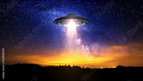 夜空に浮かぶUFOから光が放たれている