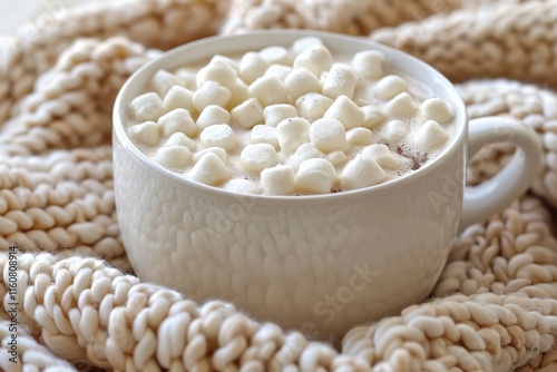 Warm cup of hot chocolate topped with marshmallows on a cozy knitted blanket during winter afternoon photo