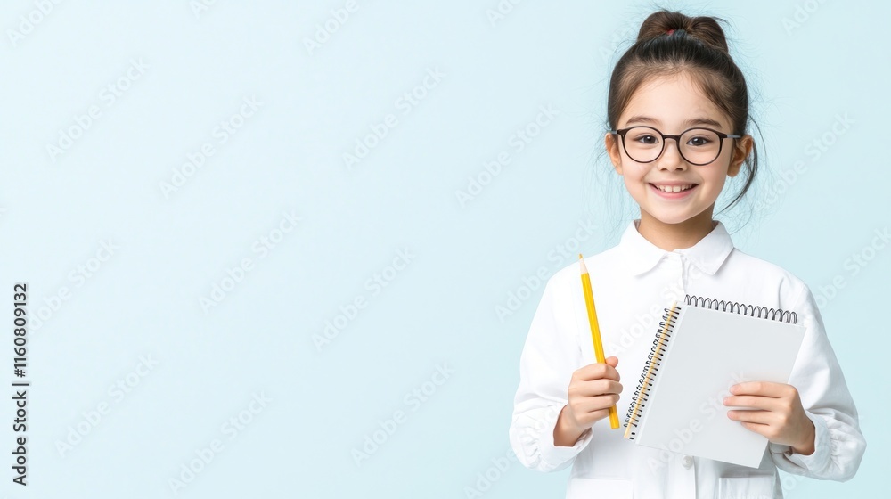 A smiling girl holding a notebook and pencil, ready to learn. A smiling girl holding a notebook and pencil, ready to learn.