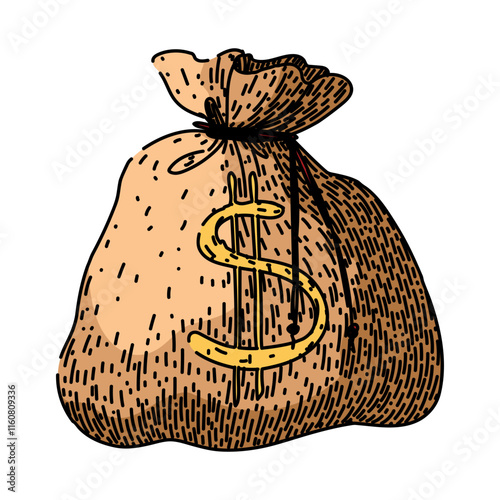 cash money bag hand drawn. assets income, profit earnings, fortune riches cash money bag vector sketch. isolated color illustration