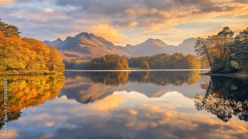 Naklejka premium Serene autumn sunrise over a calm lake reflecting colorful trees and mountains.