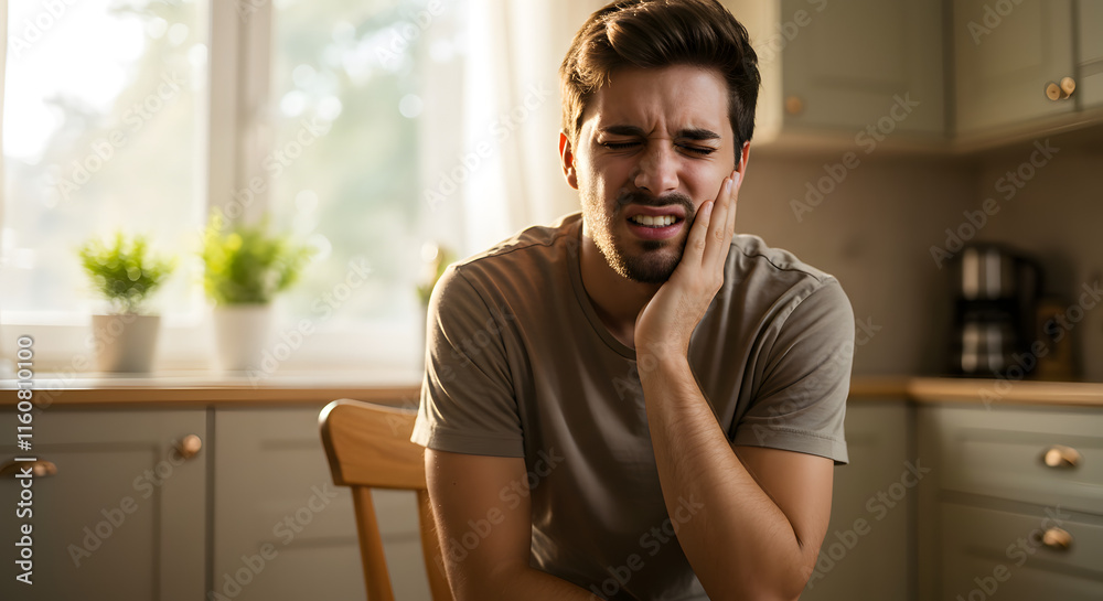 Man Experiencing Severe Toothache Kitchen Setting Pain Grimace Man Experiencing Severe Toothache Kitchen Setting Pain Grimace