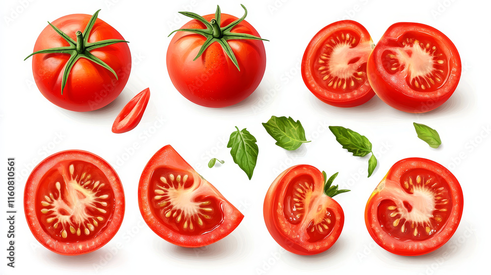 Realistic ripe raw tomato, half and slices. Isolated 3d vector vibrant and plump pomodoro cherries, showcasing a vivid red hue, reveals juicy seeds and flesh, exude freshness and natural texture Realistic ripe raw tomato, half and slices. Isolated 3d vector vibrant and plump pomodoro cherries, showcasing a vivid red hue, reveals juicy seeds and flesh, exude freshness and natural texture