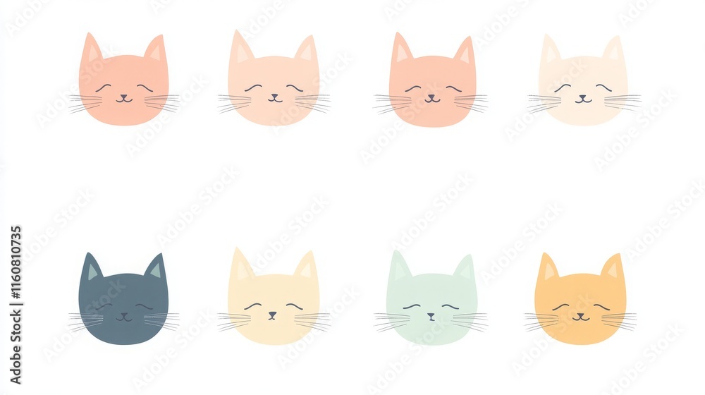 A cute illustration featuring various cat faces in pastel colors arranged in two rows. A cute illustration featuring various cat faces in pastel colors arranged in two rows.