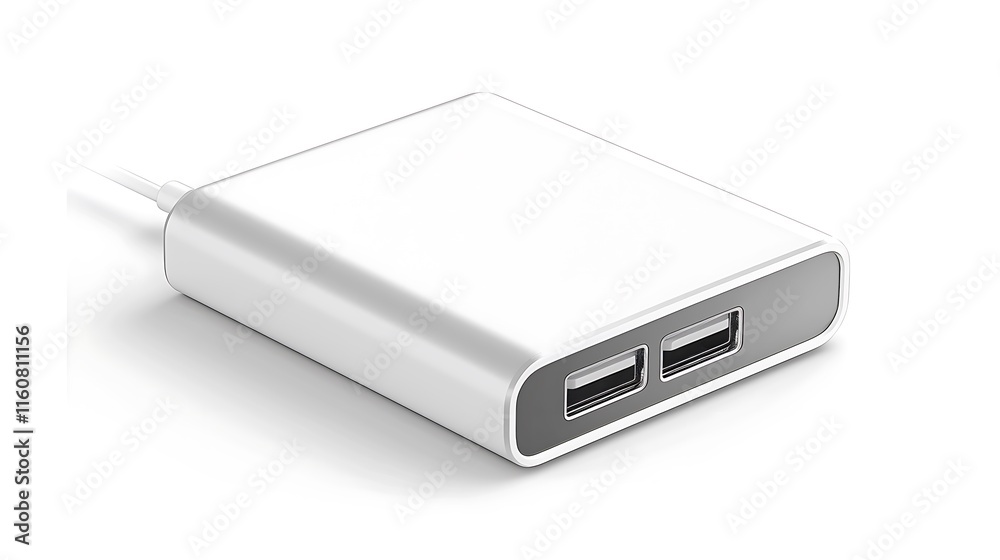 A slim power adapter with a USB-C connection, resting on white. A slim power adapter with a USB-C connection, resting on white.