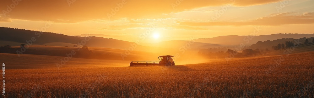 Combine Harvester in Golden Wheat Field at Sunset Combine Harvester in Golden Wheat Field at Sunset