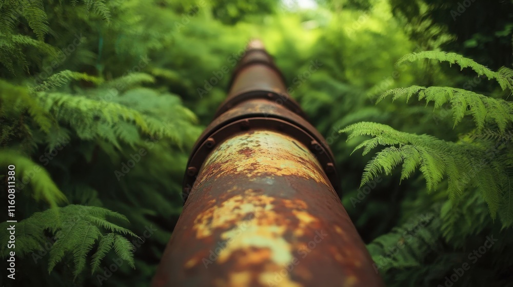 Rusting Pipeline Surrounded by Lush Vegetation Rusting Pipeline Surrounded by Lush Vegetation