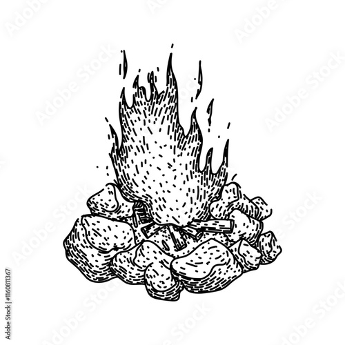 flames campfire hand drawn. embers warmth, gathering outdoors, camping crackle flames campfire vector sketch. isolated black illustration