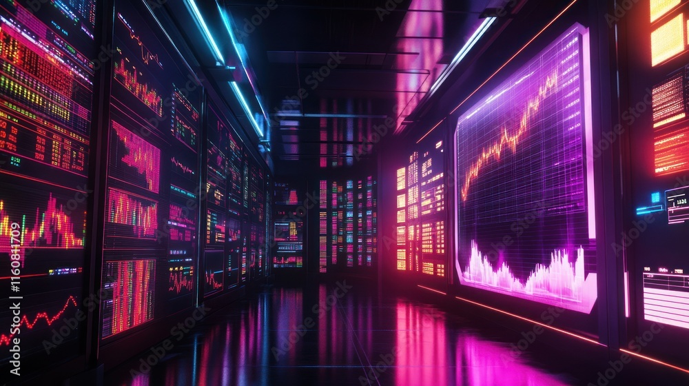 Fototapeta premium Futuristic server room with vibrant neon displays showing financial data and stock market graphs.