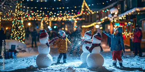 Children playing with snowmen in a festive, colorful Christmas village at night