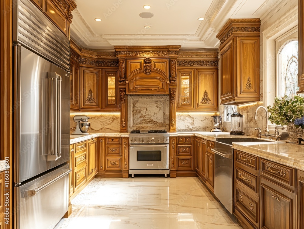 Elegant kitchen with marble, intricate cabinetry, and stainless steel appliances for culinary creativity Elegant kitchen with marble, intricate cabinetry, and stainless steel appliances for culinary creativity