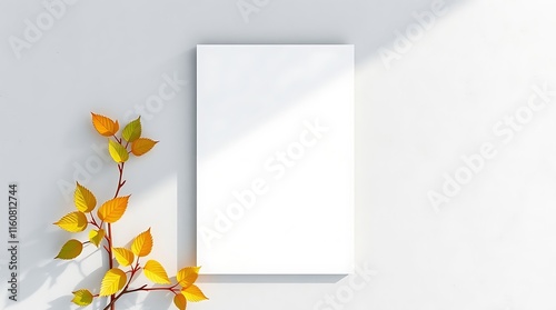 Autumnal Invitation Mockup: Elegant stationery mockup featuring a blank card and a branch with vibrant autumn leaves, bathed in soft sunlight. Perfect for showcasing your designs or announcements. 