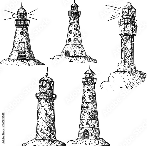 lighthouse set hand drawn. tower lightkeeper, lens signal, guide ocean lighthouse vector sketch. isolated black illustration