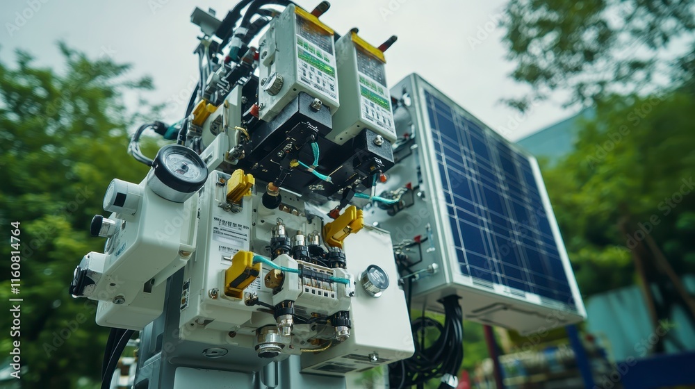 A close-up of a robotic machine equipped with solar panels, showcasing advanced technology for sustainable energy solutions. A close-up of a robotic machine equipped with solar panels, showcasing advanced technology for sustainable energy solutions.