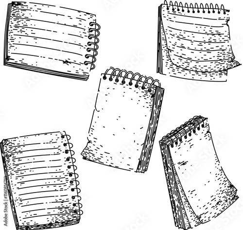 notepad set hand drawn. editor writing, jot memo, list organize notepad vector sketch. isolated black illustration