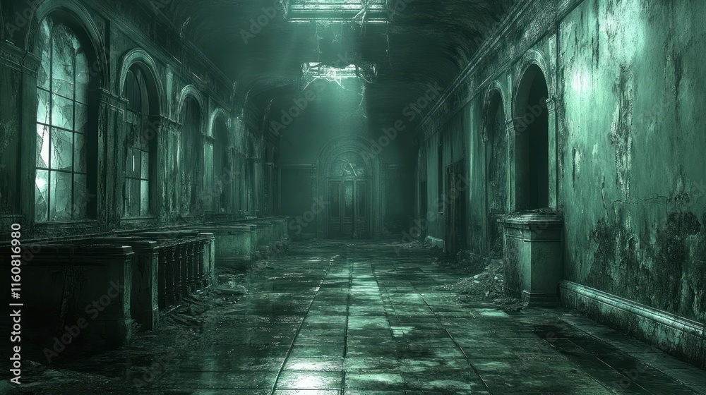 A dimly lit, abandoned corridor with peeling walls and debris, evoking a sense of decay.