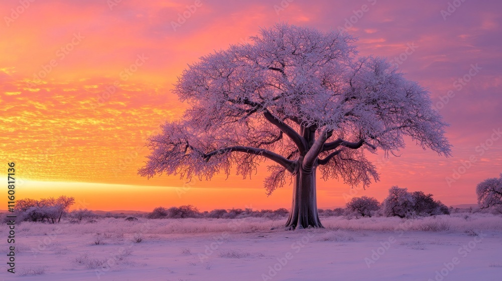Snow-covered tree at sunrise in a winter field. Snow-covered tree at sunrise in a winter field.