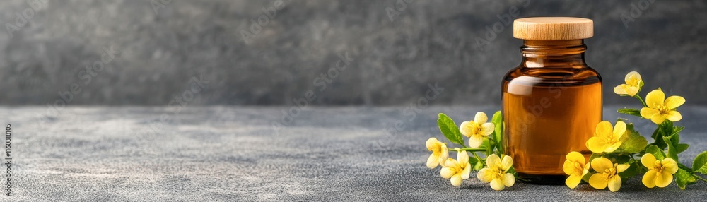 A close-up of an amber glass bottle with a wooden cap, accompanied by vibrant yellow flowers and green leaves, ideal for promoting essential oils, herbal products, or natural wellness solutions,