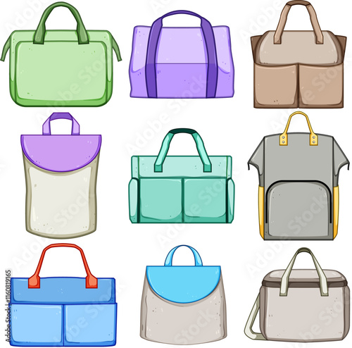 diaper bag set cartoon. storage organizer, waterproof stylish, multifunctional spacious diaper bag sign. isolated symbol vector illustration