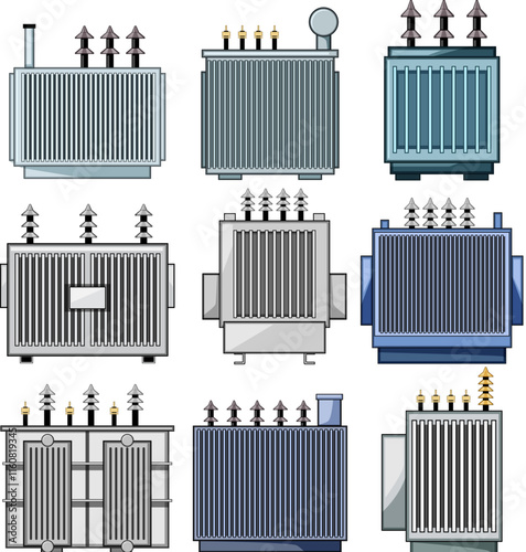 electrical transformer set cartoon. current power, efficiency winding, insulation phase electrical transformer sign. isolated symbol vector illustration