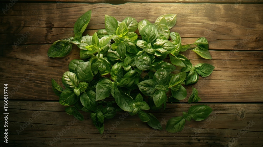 Fresh basil leaves on rustic wooden surface. Fresh basil leaves on rustic wooden surface.