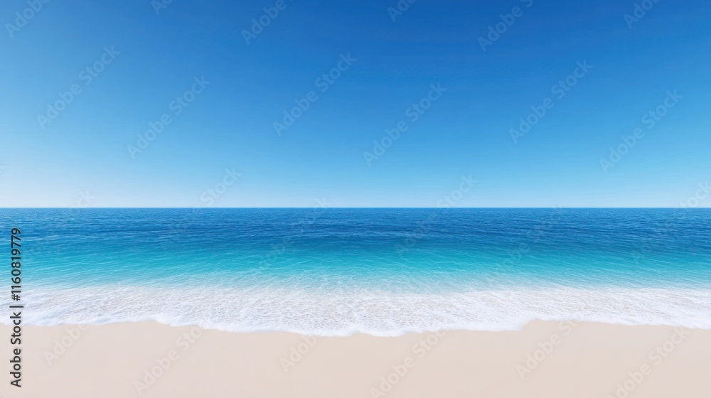 Fototapeta premium Tranquil beach scene with clear blue sky and gentle waves.