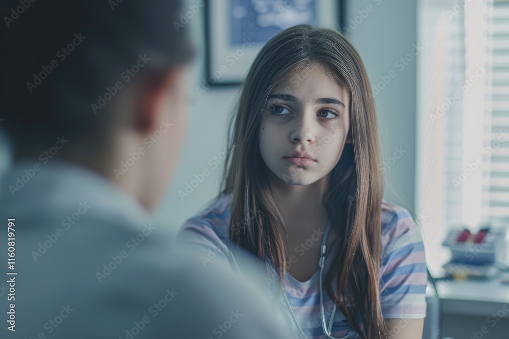 Fototapeta premium Teenage girl seeks help for depression at doctors office.