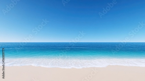 Tranquil beach scene with clear blue sky and gentle waves.