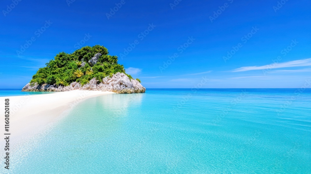 Serene tropical island with clear blue waters and sandy beach. Serene tropical island with clear blue waters and sandy beach.