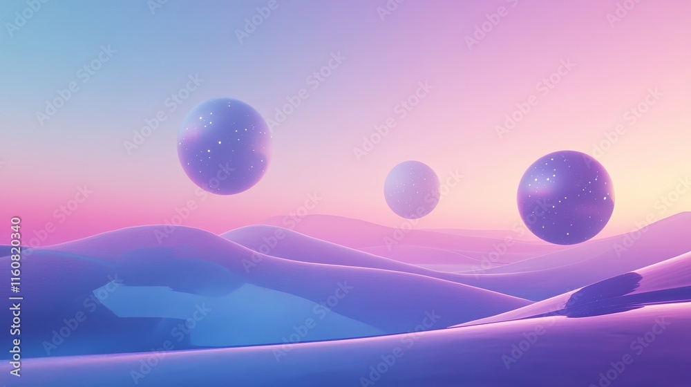 Pastel Dreamy Desert Landscape with Floating Spheres - A Colorful and Imaginative Scene Pastel Dreamy Desert Landscape with Floating Spheres - A Colorful and Imaginative Scene