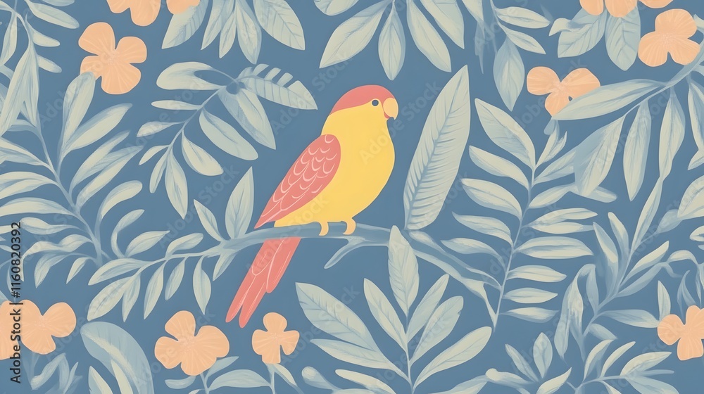Obraz premium Colorful Parrot Perched Among Tropical Leaves and Flowers on a Soft Blue Background, Ideal for Nature-Themed Designs and Illustrations
