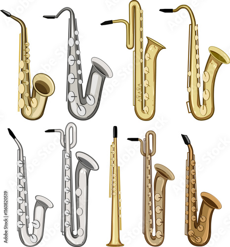 saxophone set cartoon. tenor soprano, reed brass, woodwind keys saxophone sign. isolated symbol vector illustration