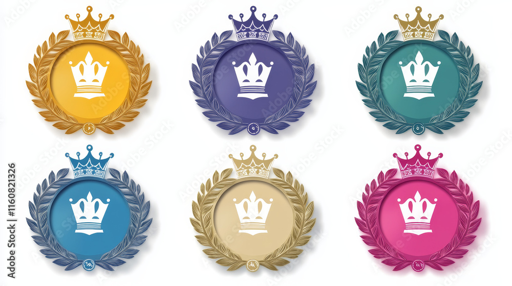 Laurel wreath enclosing 100 percent money back guaranteed labels with crown overhead in different colors suitable for various business types Laurel wreath enclosing 100 percent money back guaranteed labels with crown overhead in different colors suitable for various business types