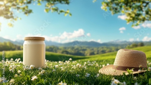 Milk Packaging in a Countryside Landscape. Generative AI photo