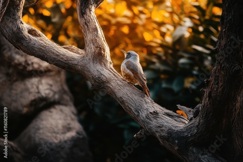 A solitary bird perched gracefully on an old tree branch against a backdrop of warm autumn colors.