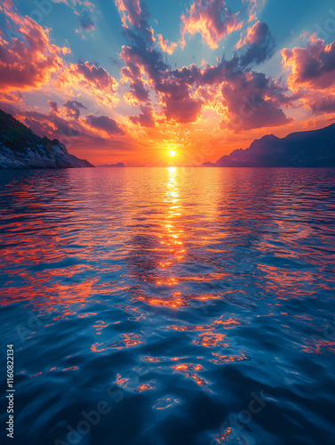 Majestic Coastal Sunset with Vibrant Sky Reflections photo